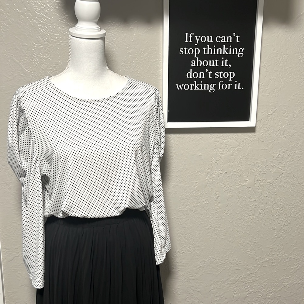 Long sleeve white and black polka dot shirt, never worn.